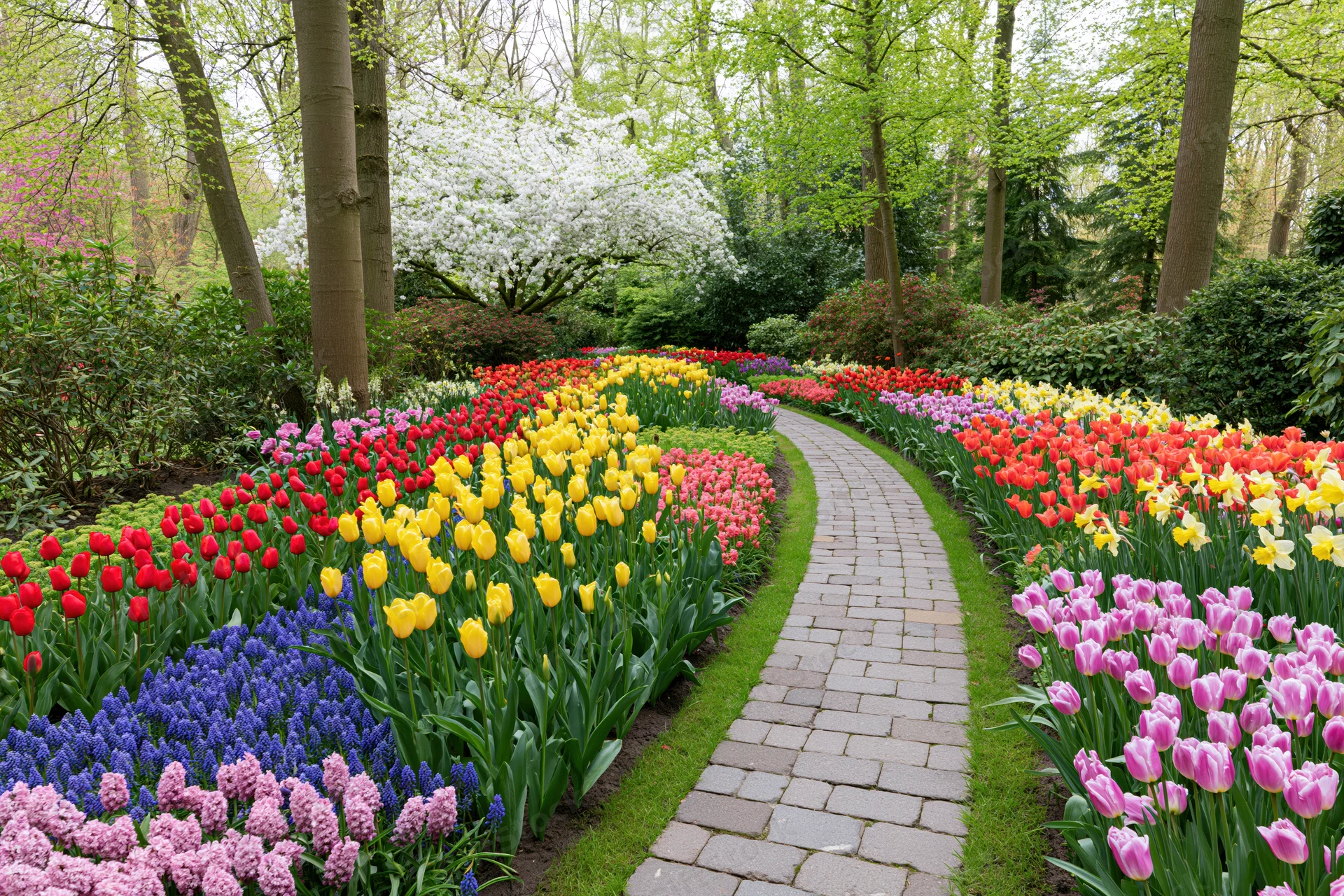 Curving stone path winding through colorful tulip and hyacinth beds in a spring garden