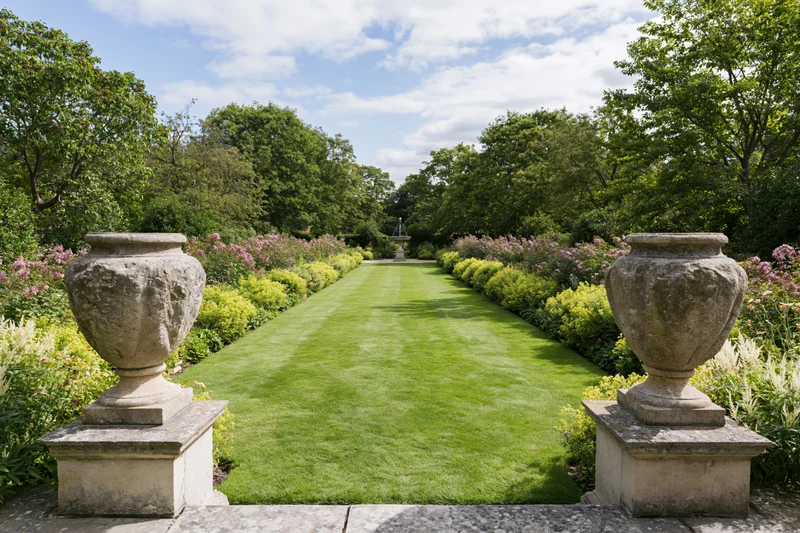 Formal english country garden with symmetrical lawn pathway flanked by stone urns and flowering hedges