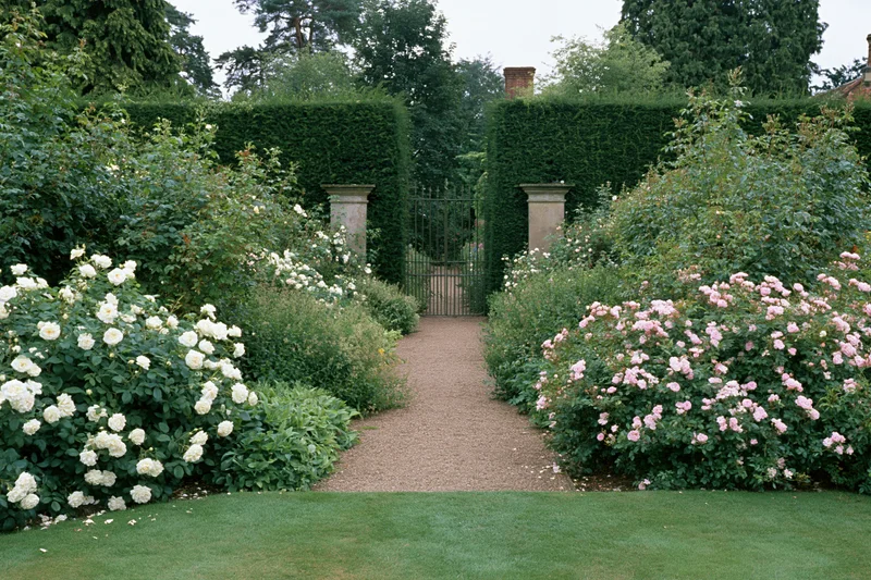 Formal english country garden with gravel pathway leading to wrought iron gate flanked by white and pink roses and trimmed hedges