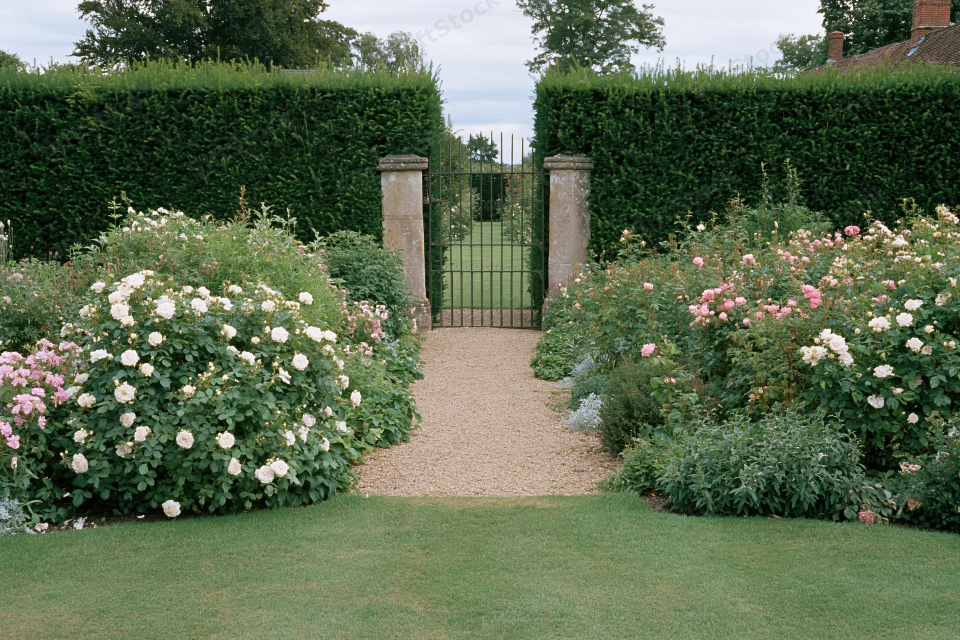 Formal english country garden with wrought iron gate flanked by rose bushes and hedges leading to a gravel pathway