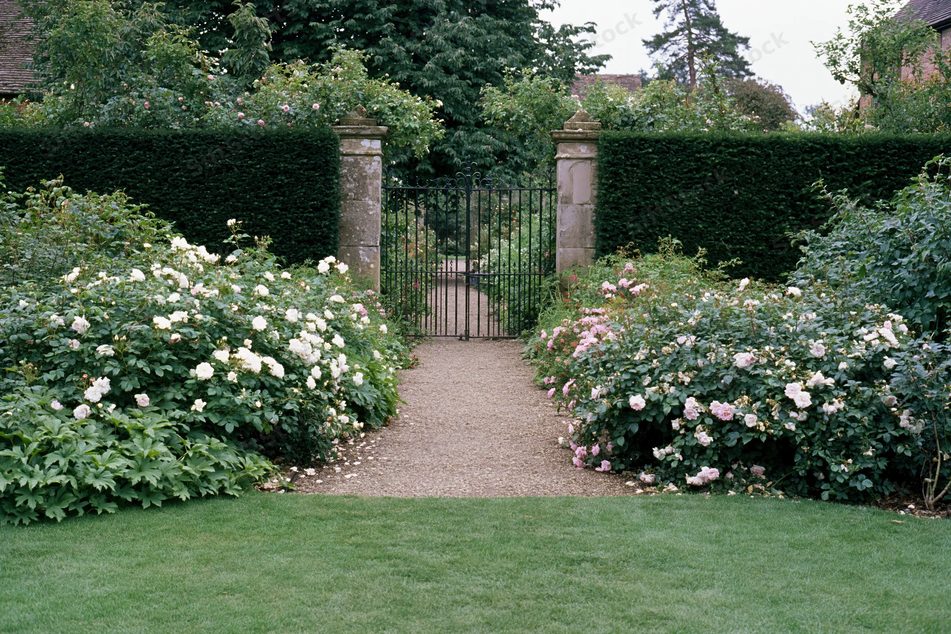 Formal garden with wrought iron gate flanked by rose bushes and hedges leading to a gravel path