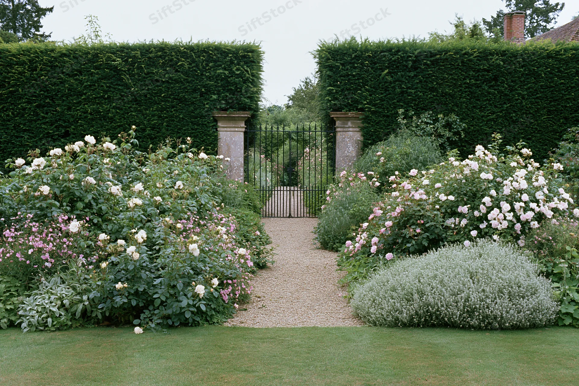 Formal english country garden with wrought iron gate flanked by boxwood hedges and blooming roses along a gravel pathway