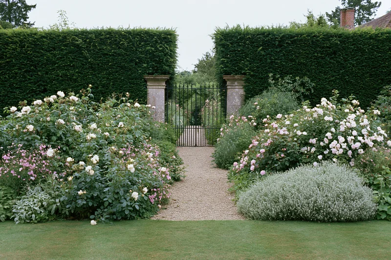 Formal english country garden with wrought iron gate flanked by boxwood hedges and blooming roses along a gravel pathway