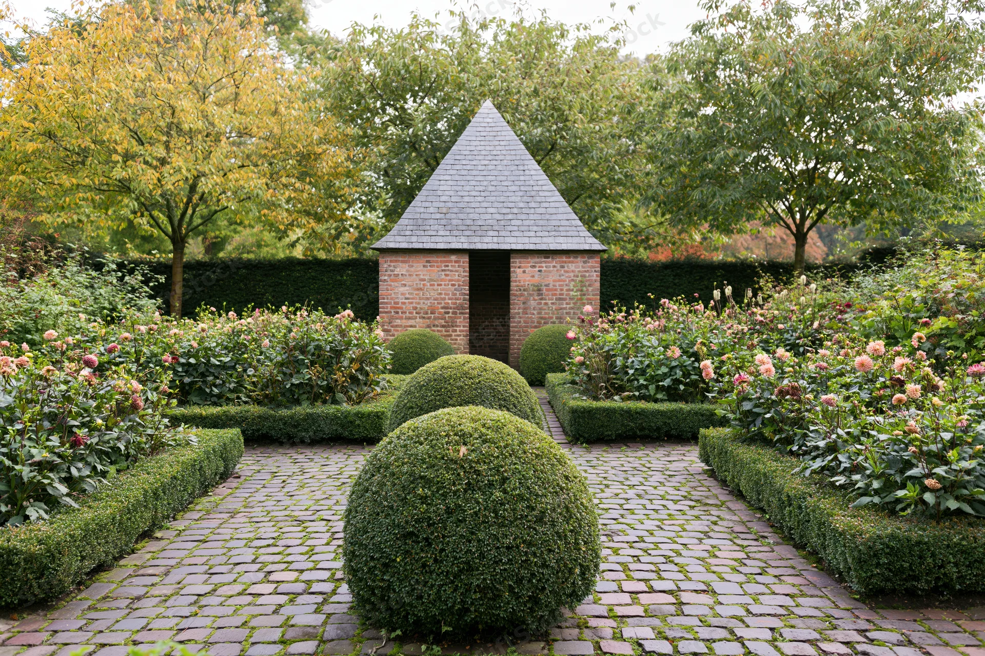 Formal european garden with brick gazebo and topiary along cobblestone pathway in early autumn