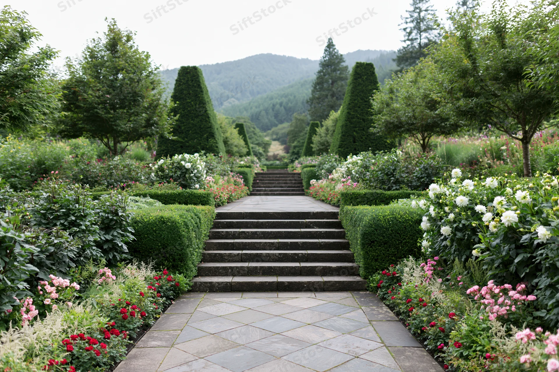 Stone steps lead through a formal garden lined with hedges and blooming flowers toward distant mountains