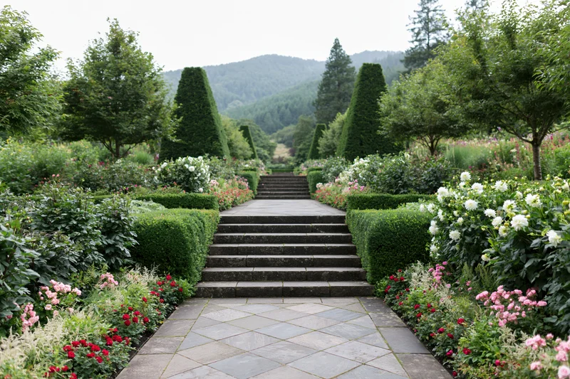 Stone steps lead through a formal garden lined with hedges and blooming flowers toward distant mountains
