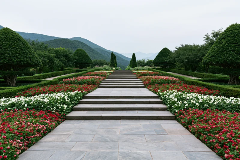 Stone steps leading through a symmetrical garden with red and white flowers and topiary hedges toward distant mountains