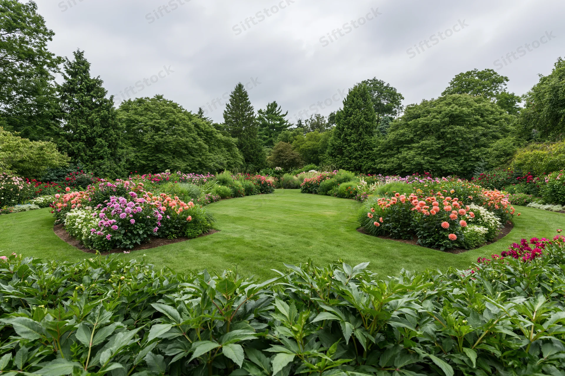 Formal garden with dense mixed flower borders in full summer bloom