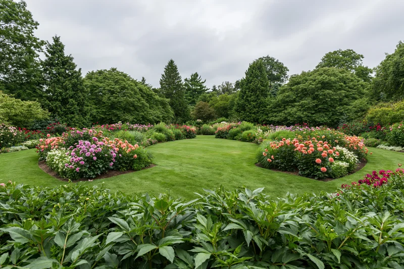 Formal garden with dense mixed flower borders in full summer bloom