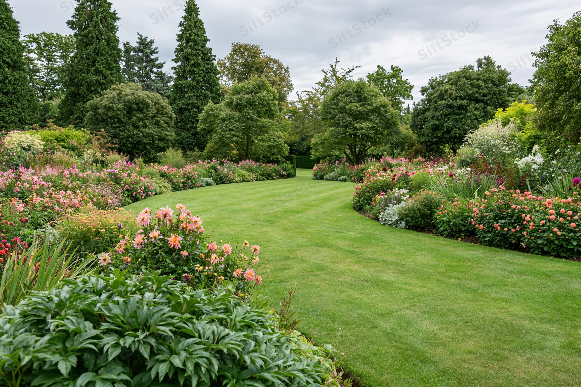 Curved lawn path bordered by dense mixed flower beds in a formal garden