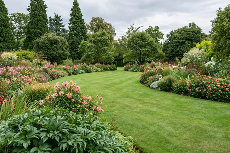 Curved lawn path bordered by dense mixed flower beds in a formal garden