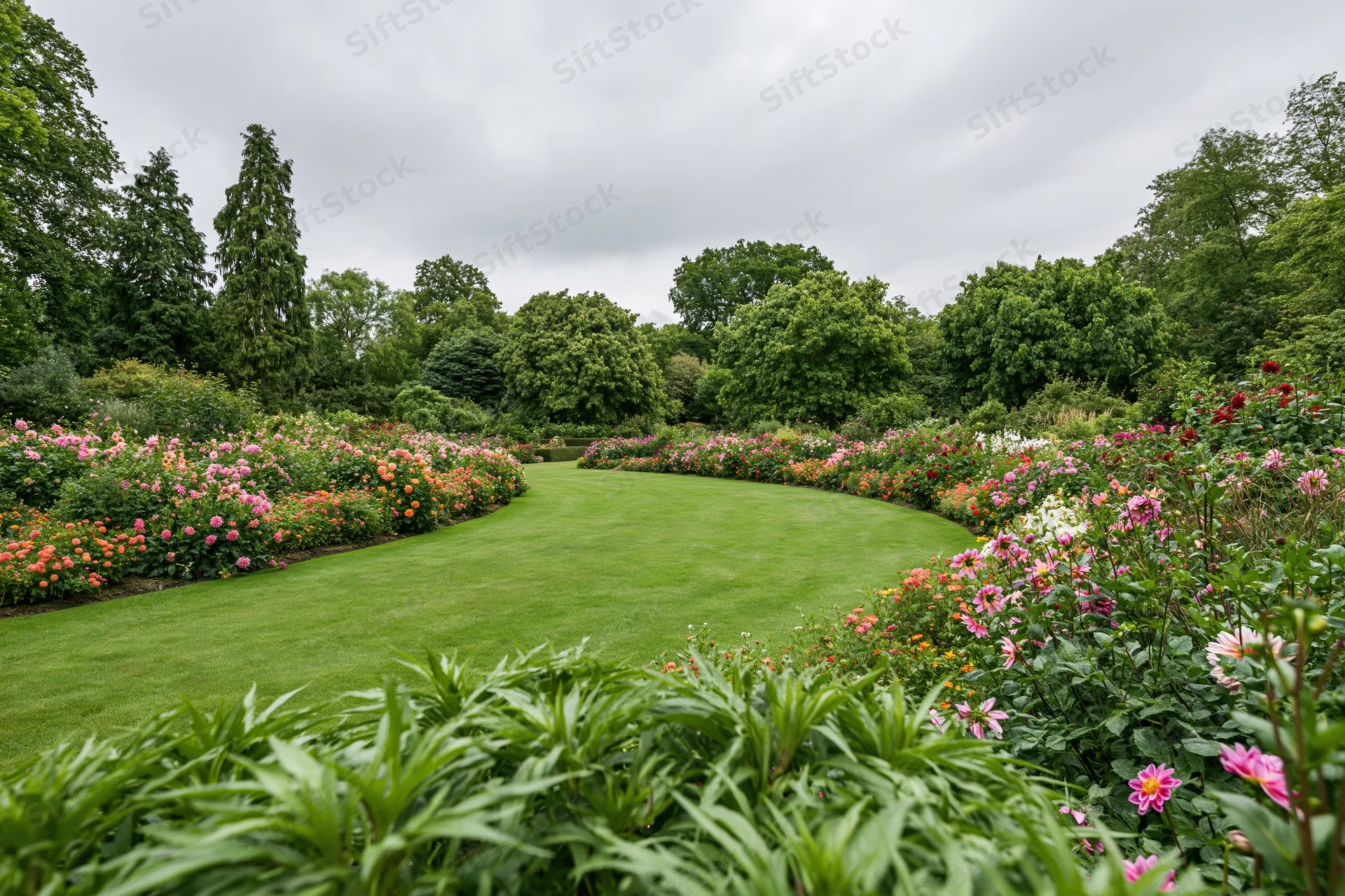 Curved lawn path bordered by dense mixed flower beds in a formal garden