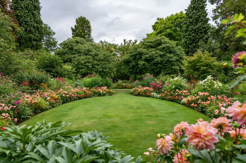 Curved grass pathway bordered by dense mixed flower beds in a formal garden