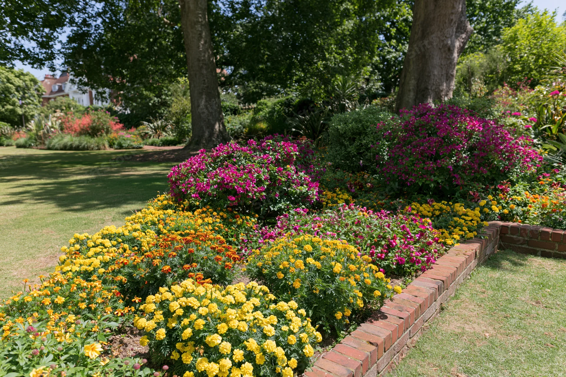 Tiered flower beds with marigolds and petunias edged in red brick in a formal garden with trees and lawn