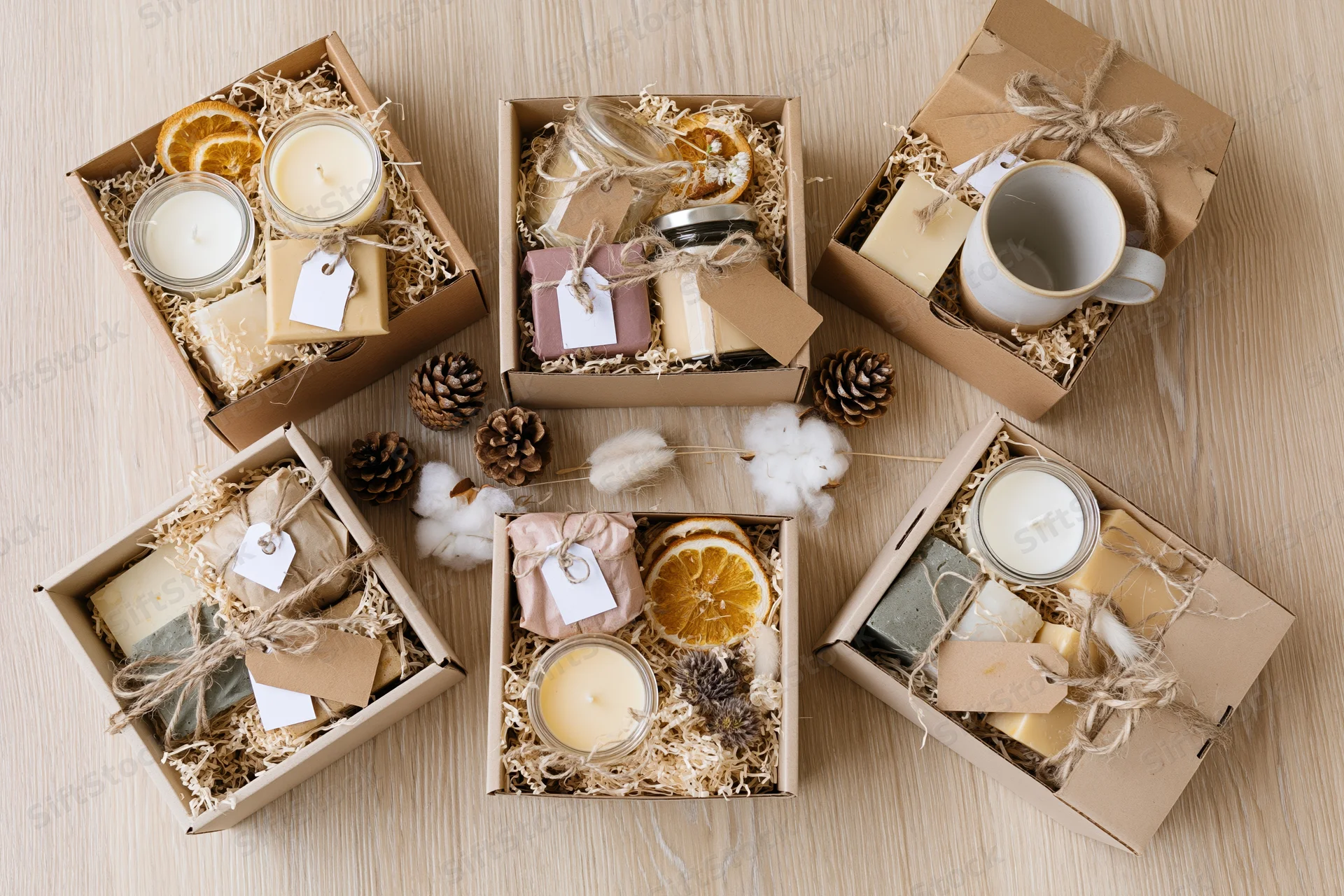 Open kraft gift boxes with candles, soaps, dried oranges and pinecones arranged on light wood surface