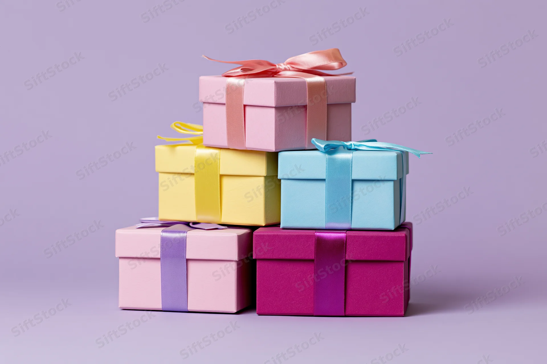 Stack of pastel gift boxes with ribbons arranged in pyramid on lavender background