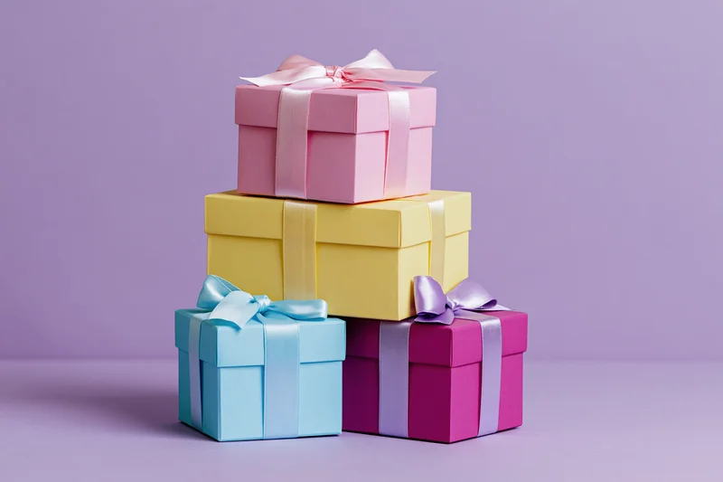 Four gift boxes stacked in a tower with ribbons and bows on a pastel purple background