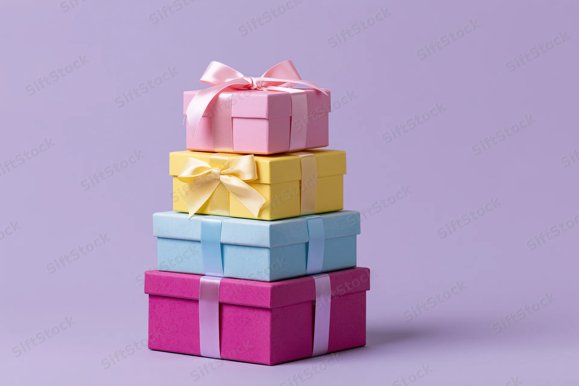 Stack of four colorful gift boxes with ribbons arranged vertically on a pastel purple background