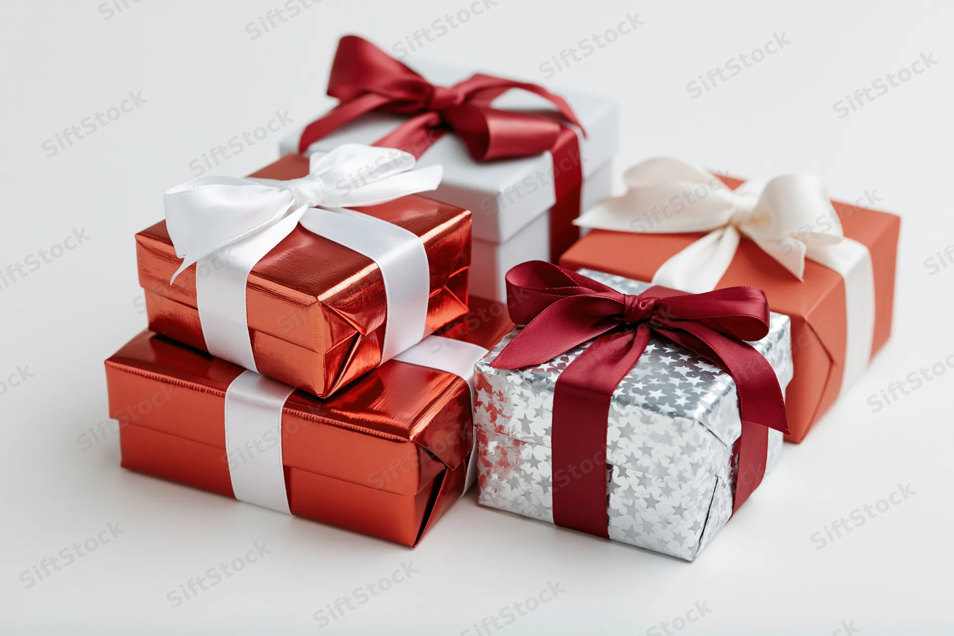 Wrapped gift boxes stacked and grouped on a white surface