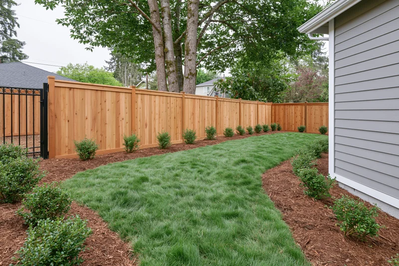 Freshly landscaped residential backyard with wooden fence and green lawn bordered by shrubs and mulch