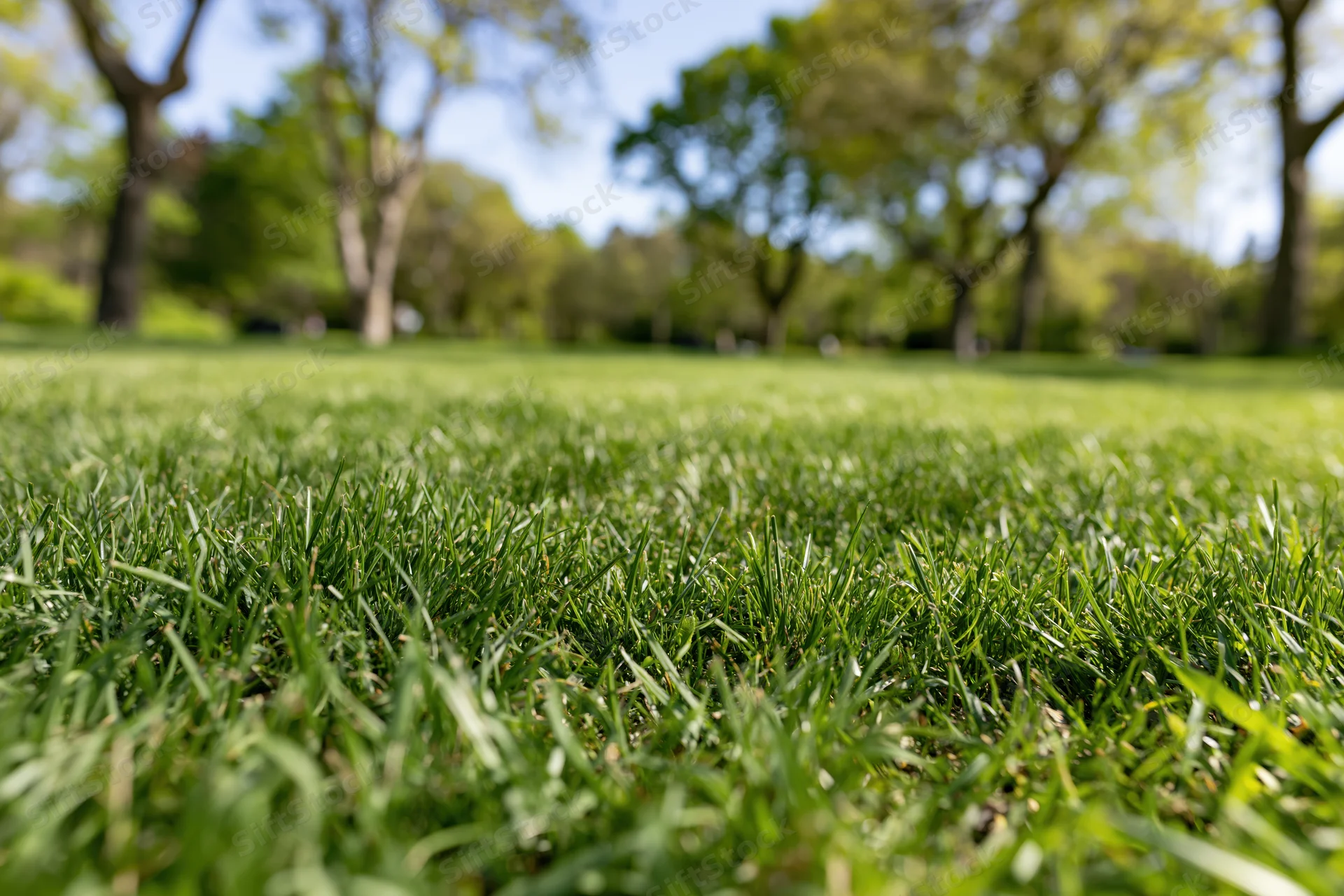Freshly mowed green lawn stretching toward a tree-lined park in daylight