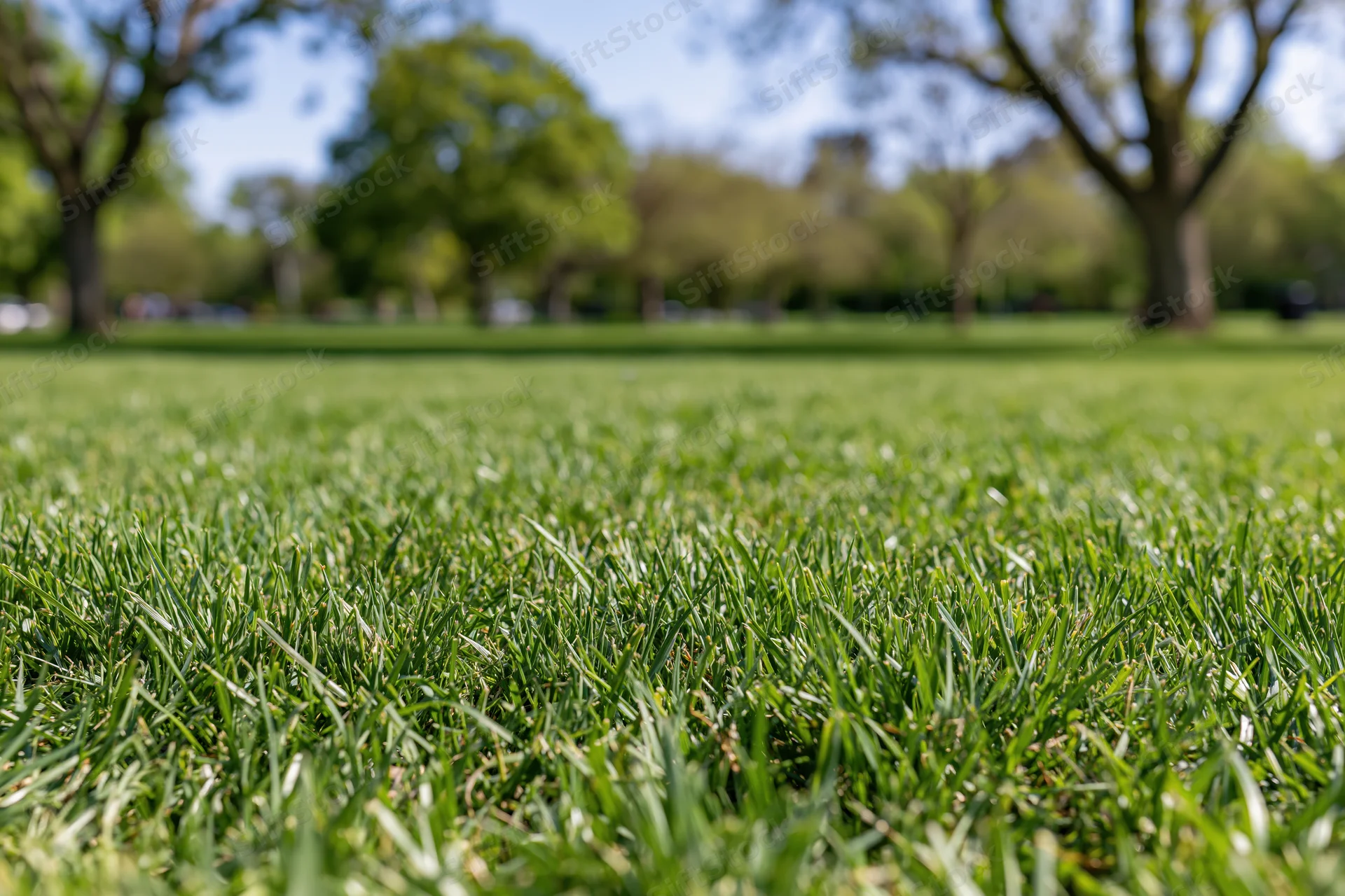 Freshly mowed green lawn stretching toward a tree-lined park in daylight