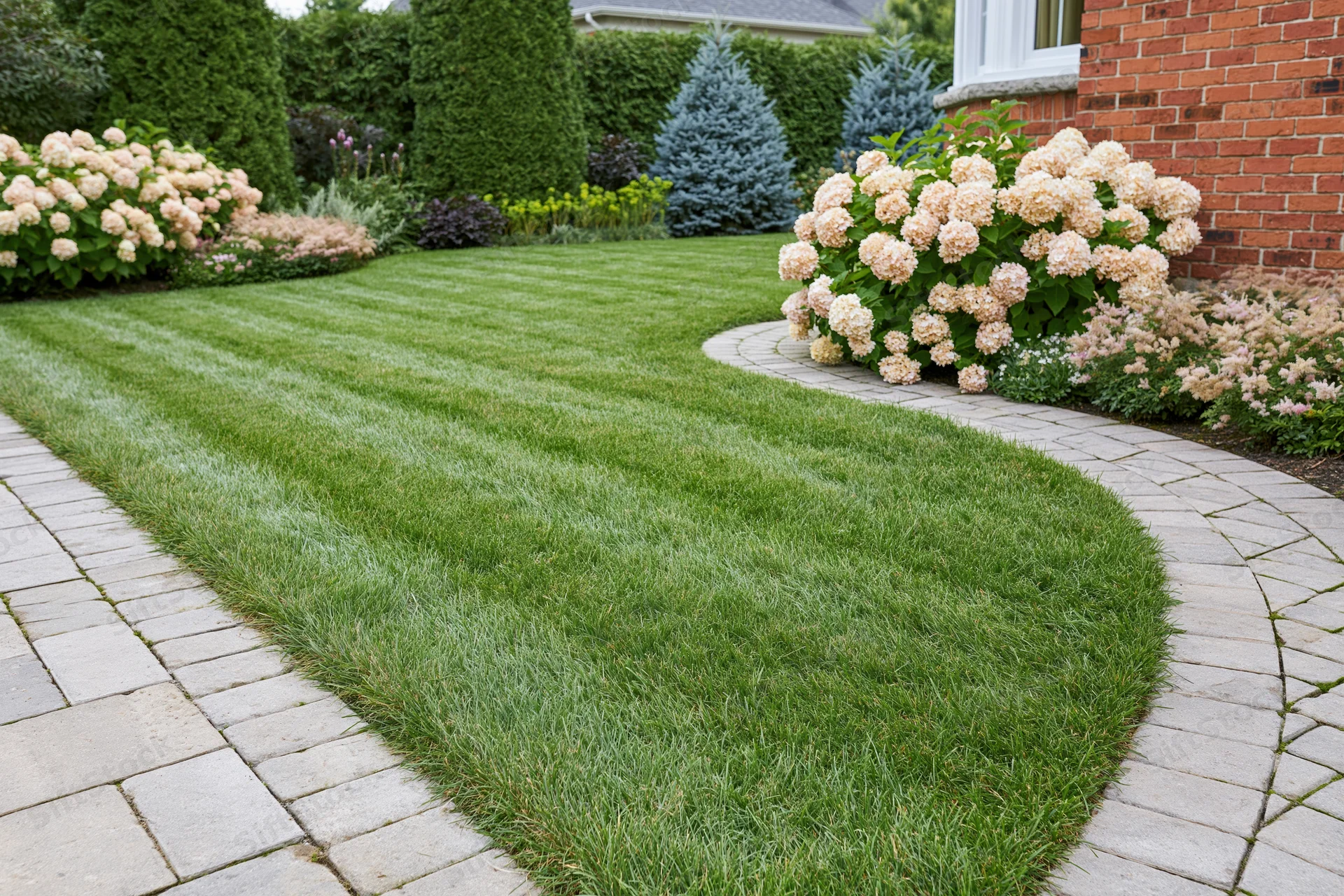 Striped mowed lawn bordered by pavers and flowering shrubs in a residential garden
