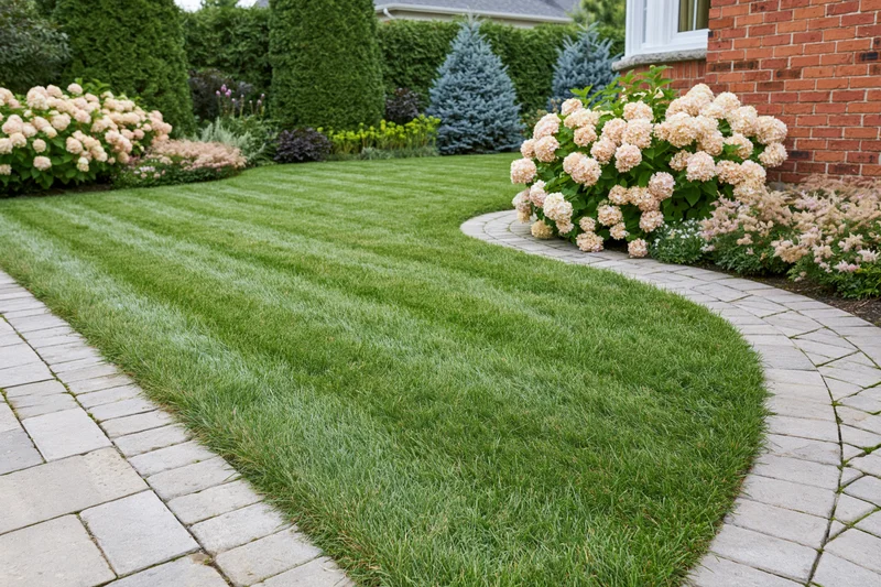 Striped mowed lawn bordered by pavers and flowering shrubs in a residential garden