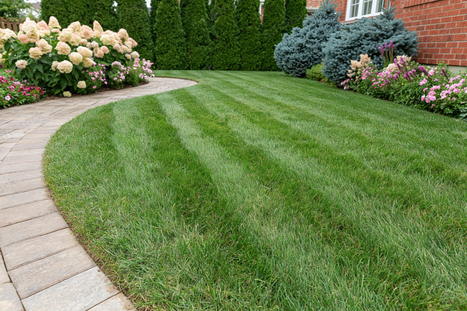 Freshly mowed striped lawn bordered by flowers and shrubs in a residential garden with stone pathway