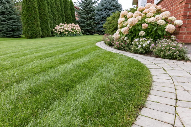 Freshly mowed striped lawn beside a stone pathway in a residential garden with flowering shrubs and evergreen trees