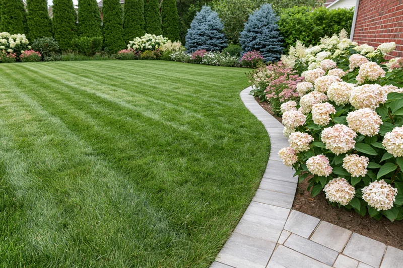 Freshly mowed striped lawn bordered by hydrangea flowers and stone pathway in residential garden
