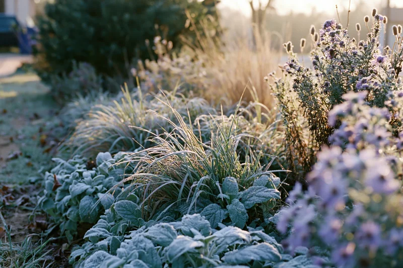 Frost-covered perennial plants in a garden border at early morning