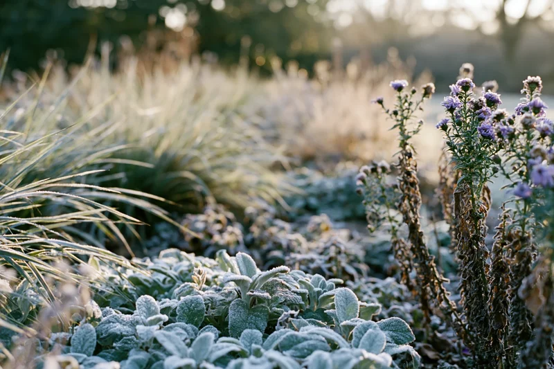 Frost-covered perennial plants in a garden border at early morning