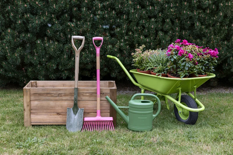 Garden tools and potted flowers arranged on a lawn beside a wooden planter box