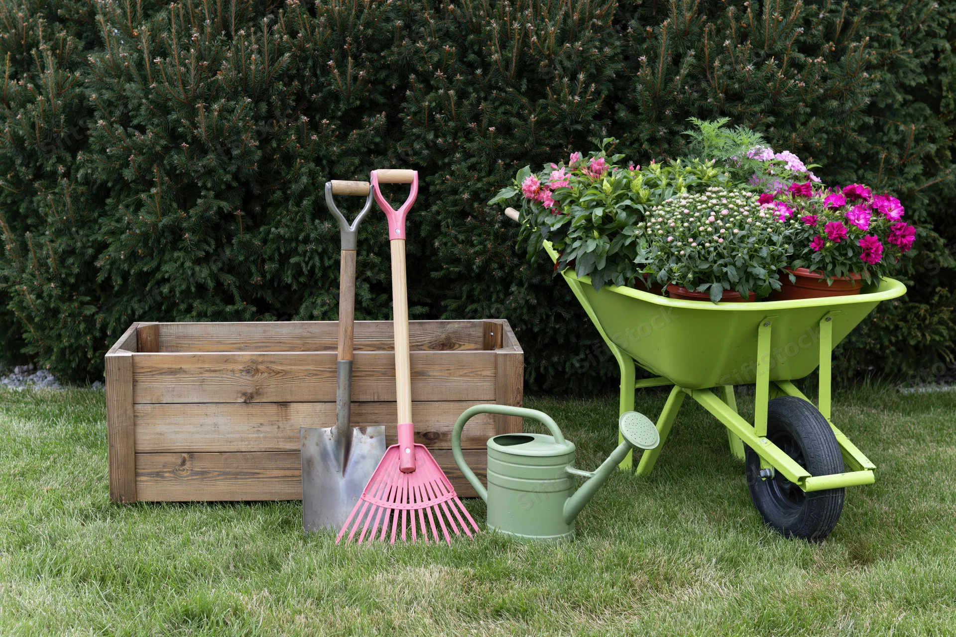 Garden tools and potted flowers arranged on a lawn beside a wooden planter box