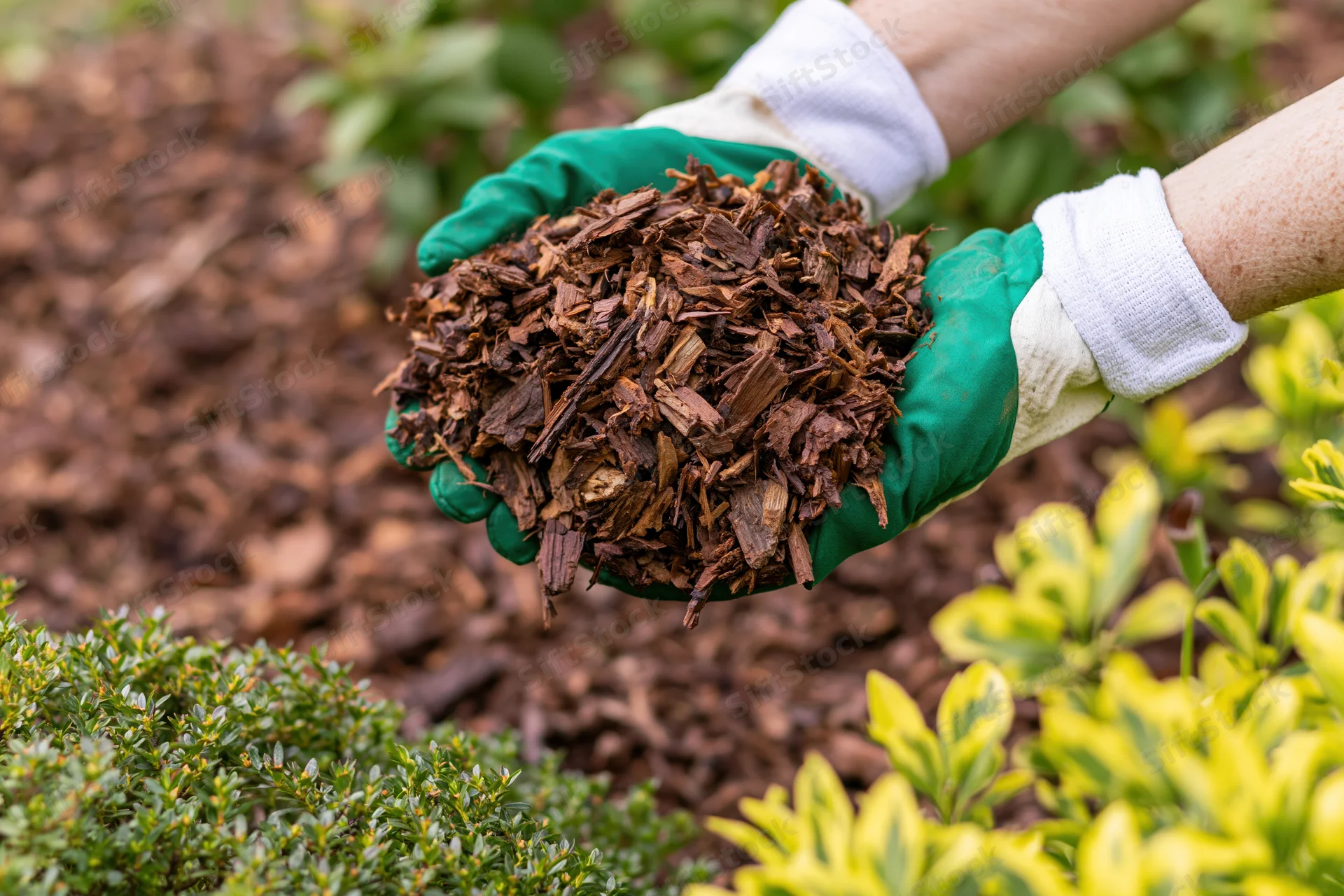 Gloved hands holding wood chip mulch over a garden bed with shrubs