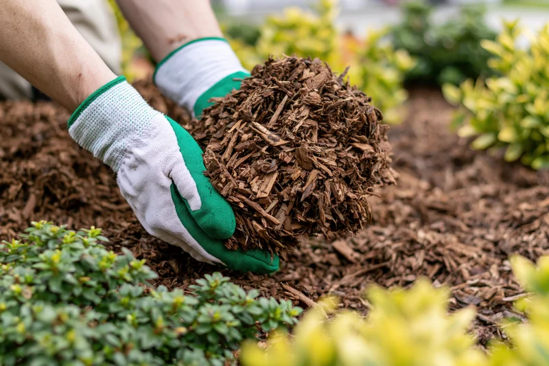 Gloved hands holding a clump of wood chip mulch in a garden bed surrounded by shrubs