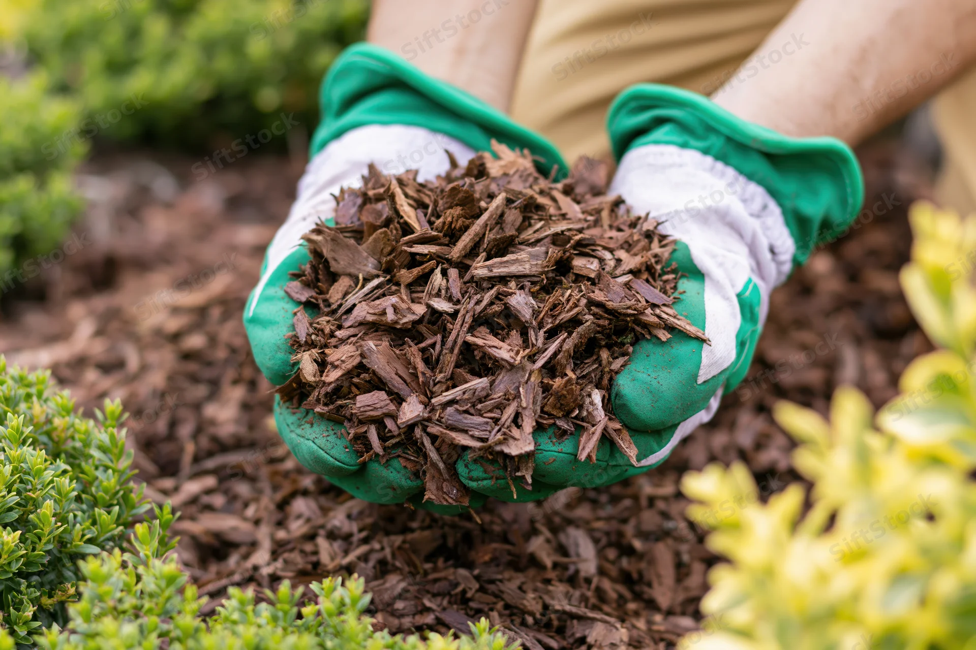 Gloved hands holding wood chip mulch over a garden bed