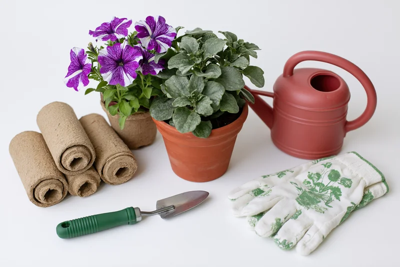 Gardening tools and plants arranged on a plain white surface