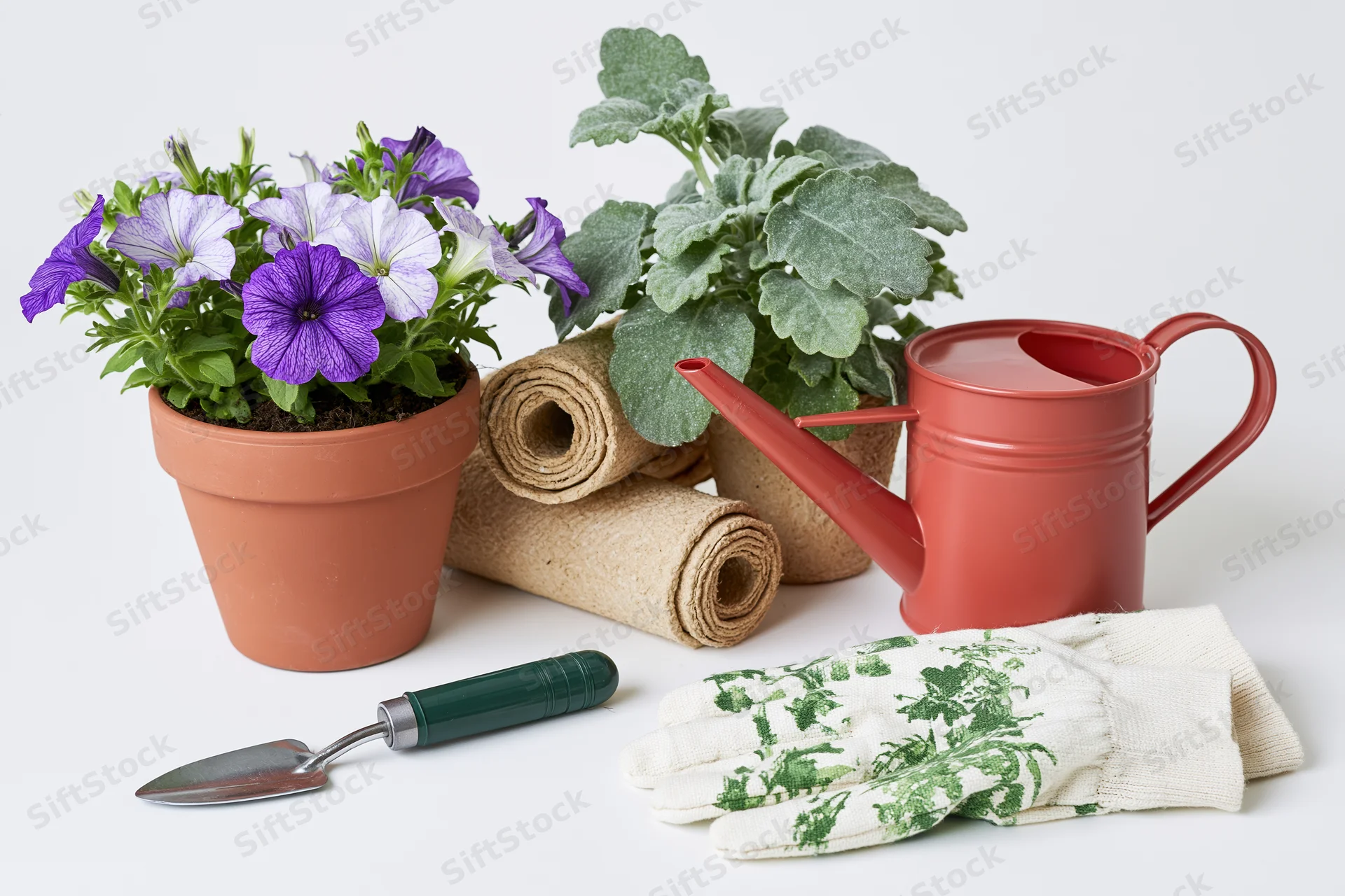 Gardening tools and potted flowers arranged on a white surface