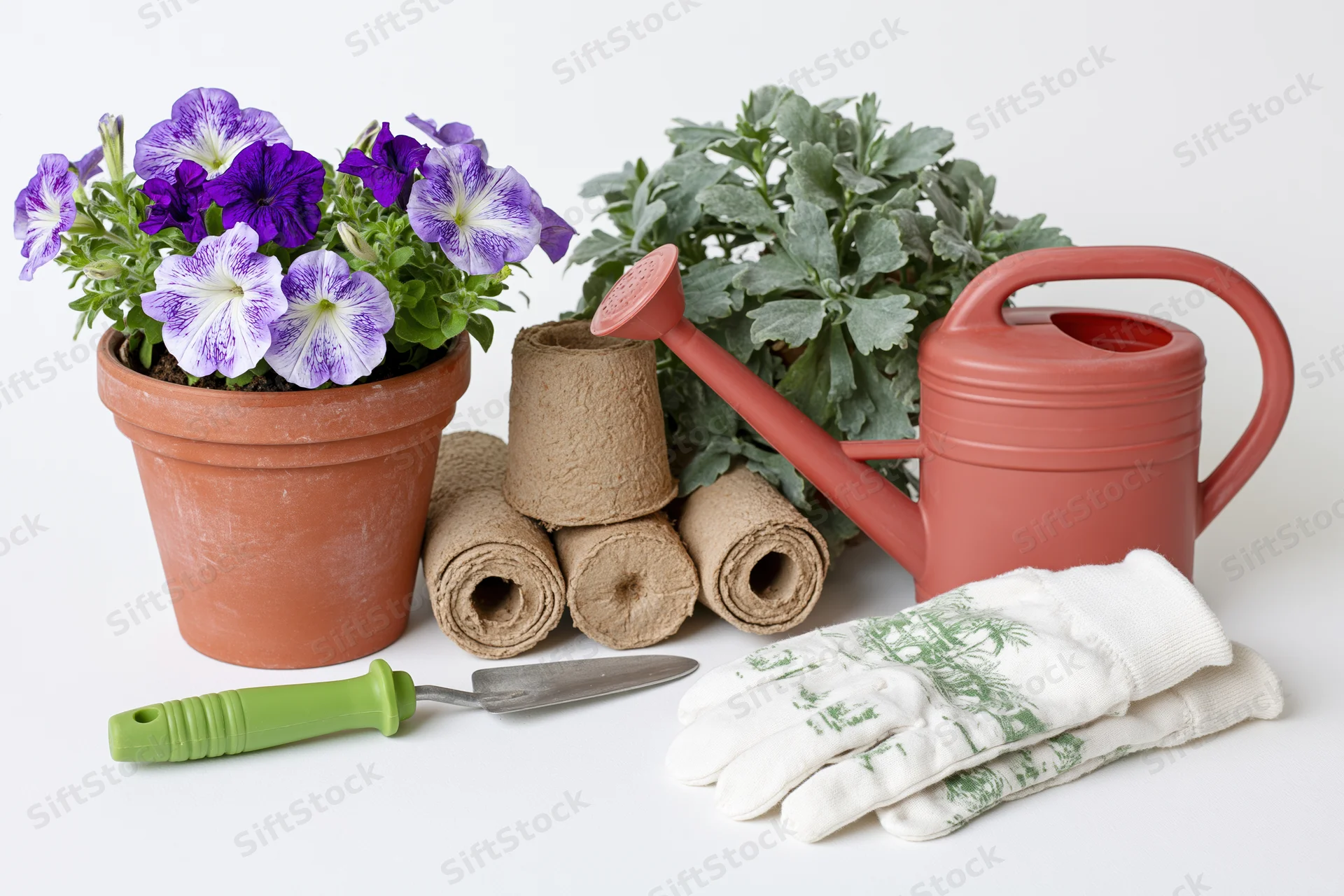 Gardening tools and plants arranged on a plain white surface