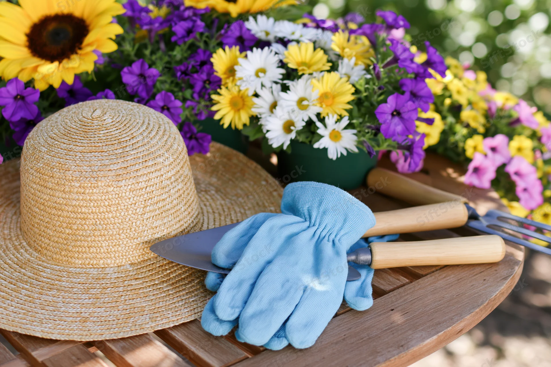 Gardening tools and straw hat arranged on wooden table with colorful flowers in background
