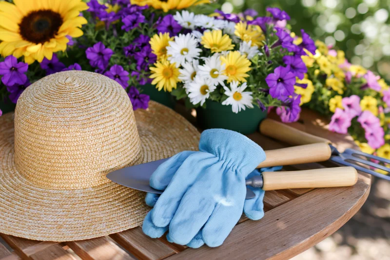 Gardening tools and straw hat arranged on wooden table with colorful flowers in background
