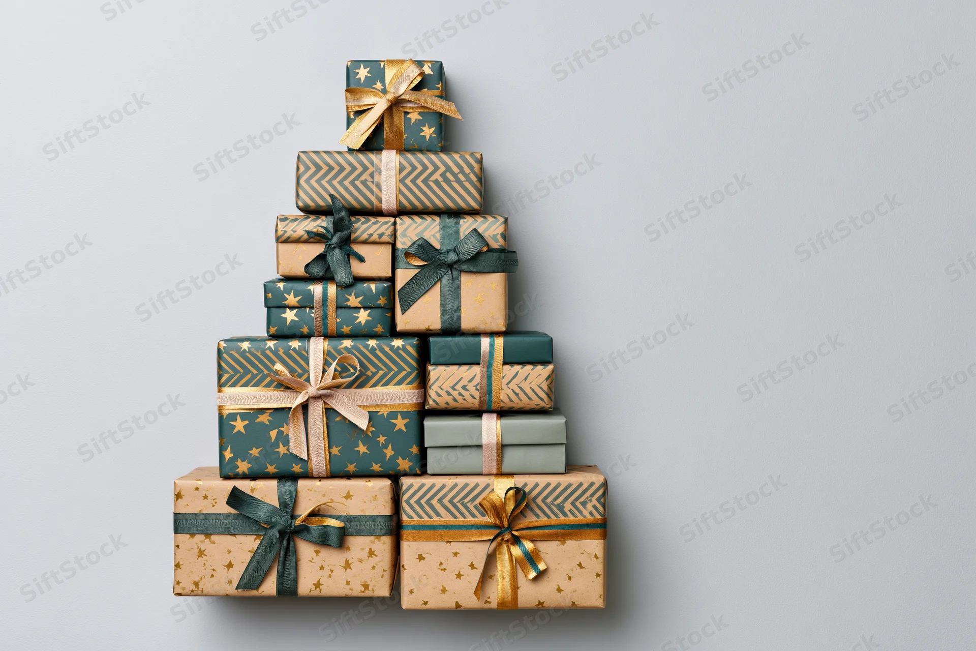 Gift boxes stacked in triangular christmas tree shape on plain background