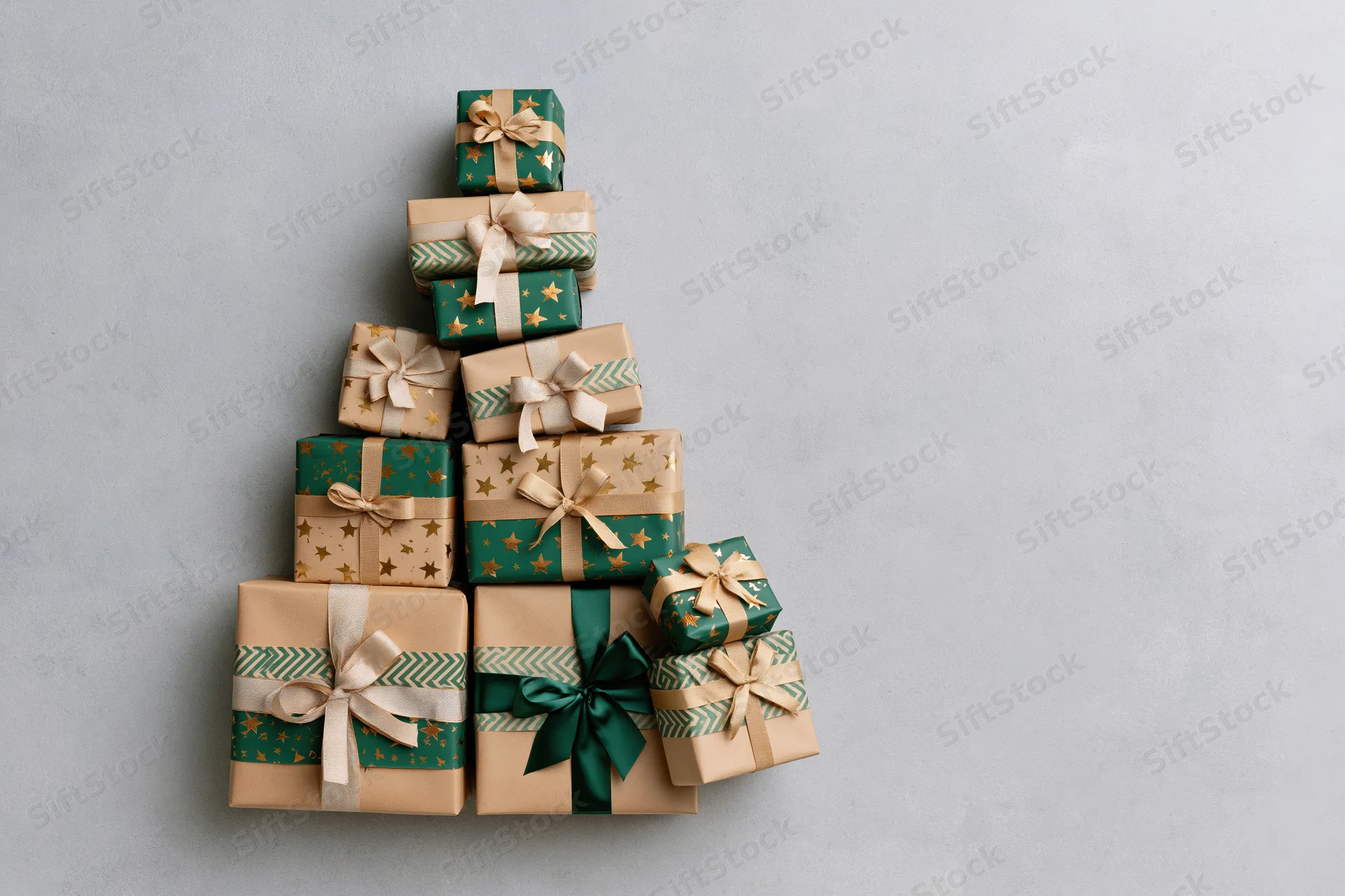 Gift boxes arranged in triangular christmas tree shape on gray surface