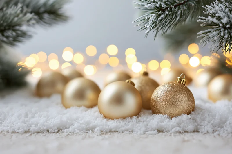 Gold christmas ornaments resting on snow with pine branches and blurred lights in background