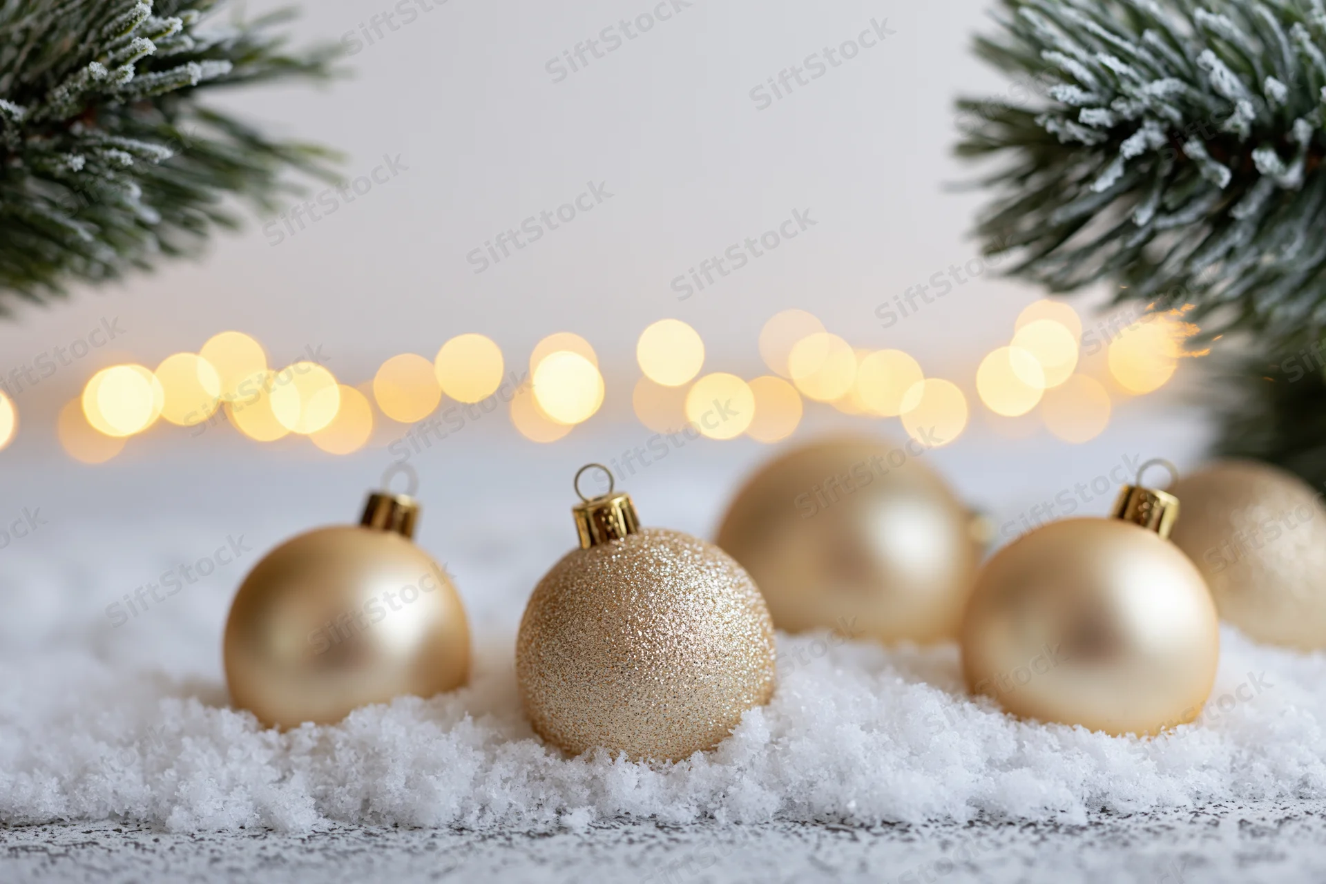 Gold christmas ornaments resting on snow with pine branches and blurred lights in background