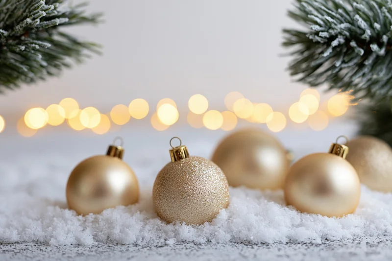 Gold christmas ornaments resting on snow with pine branches and blurred lights in background