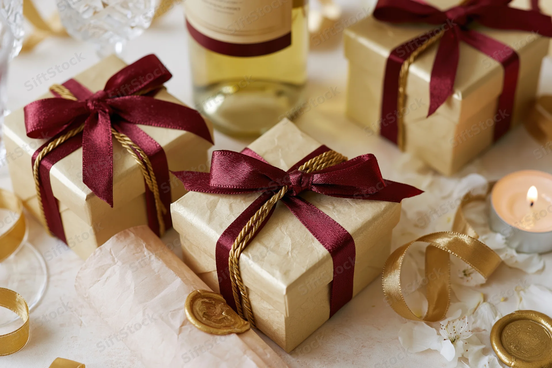 Gold gift boxes tied with burgundy ribbon and twisted gold twine on a decorated table with candles and wine
