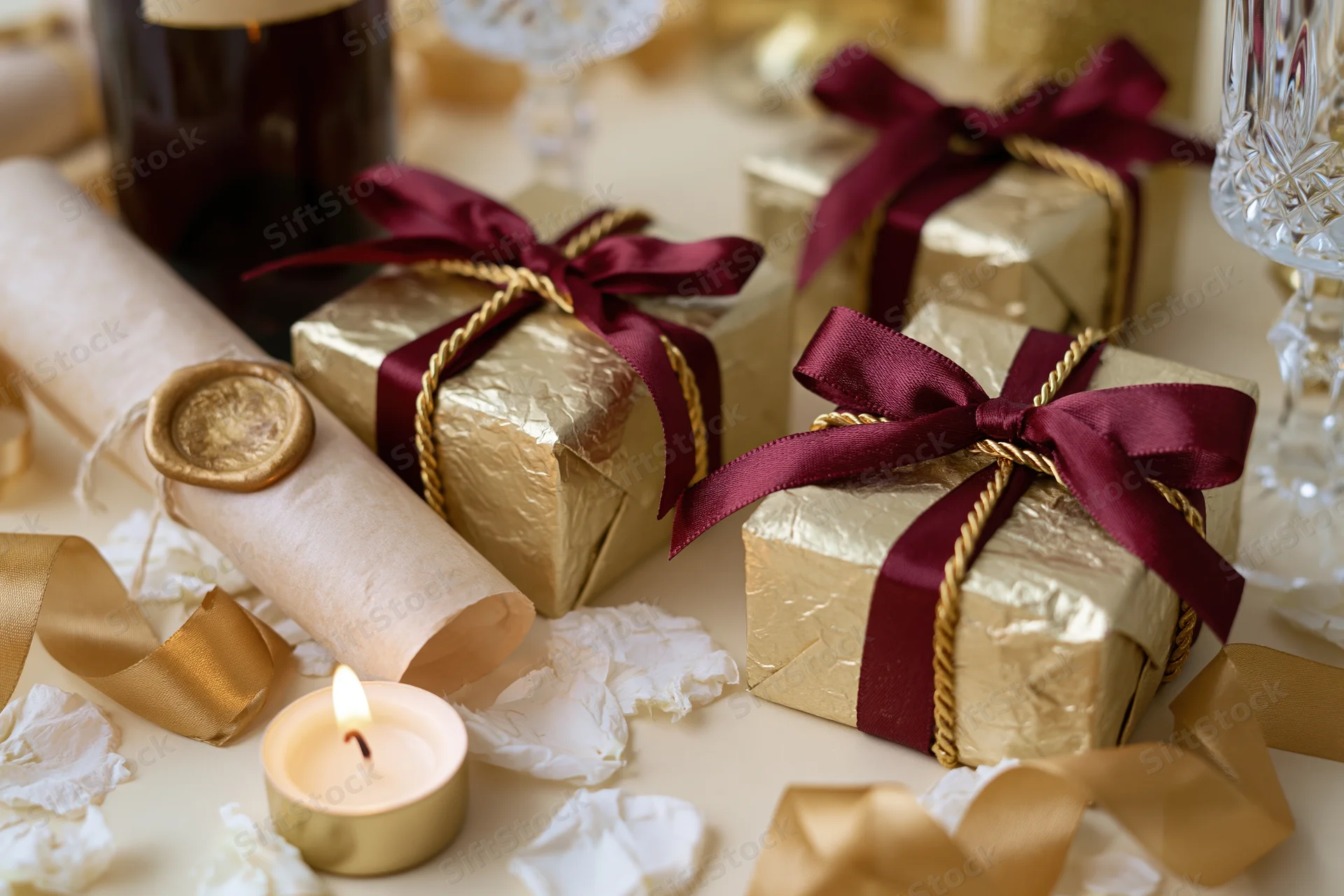 Gold gift boxes with burgundy ribbons and twisted gold twine on a decorated table with a lit candle and wax-sealed scroll